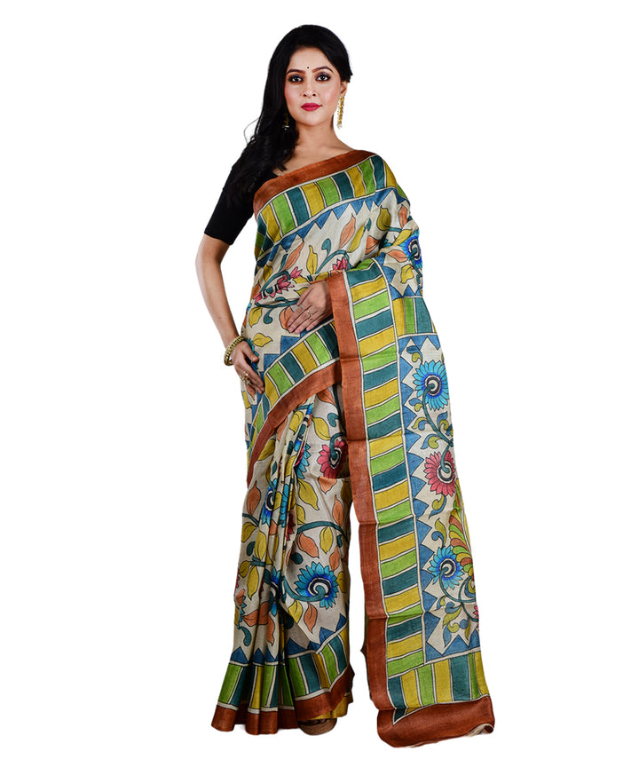 Beige multicolor tussar silk hand printed saree