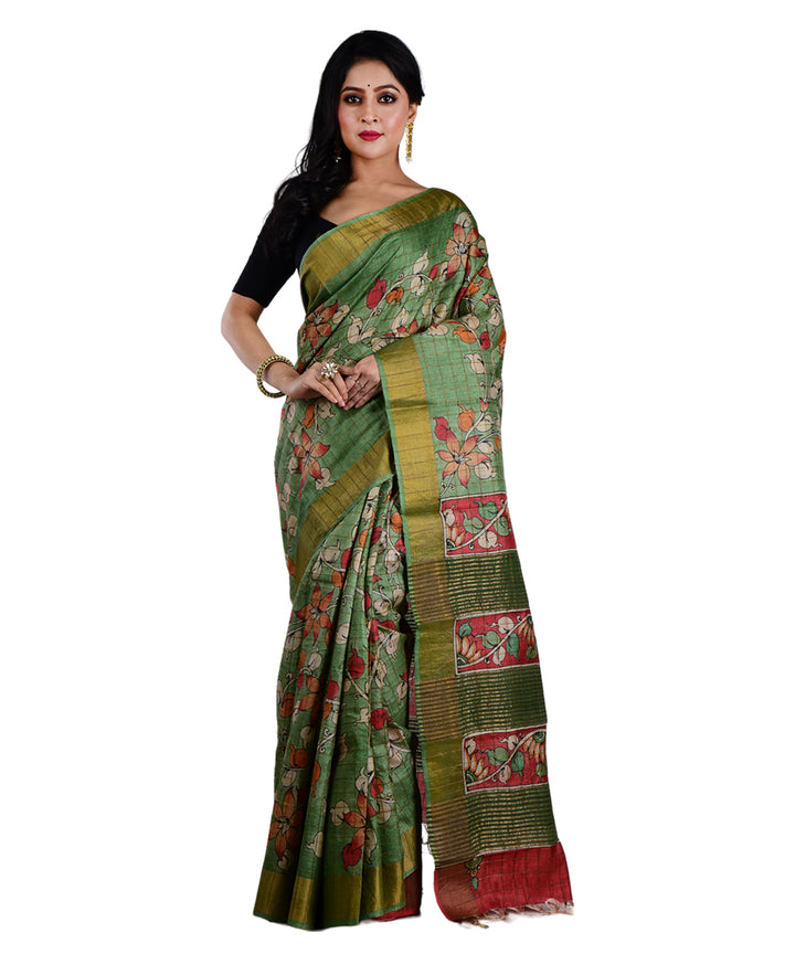 Multicolor light green hand printed tussar silk saree