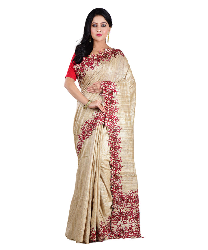 Beige red handwoven tussar silk saree