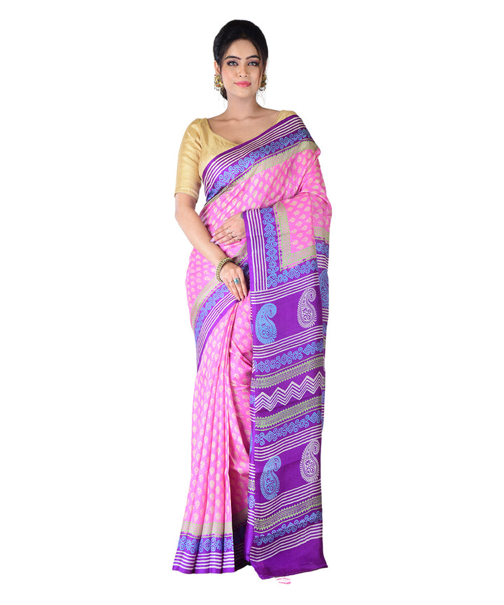 Pink navy blue hand printed silk saree