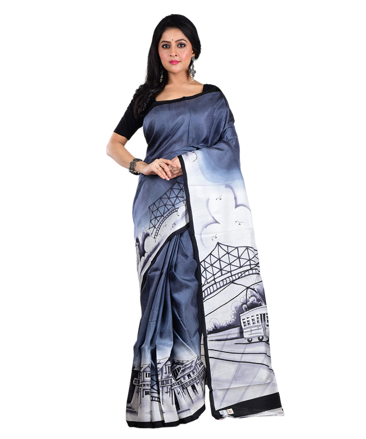 Grey black hand painted silk saree