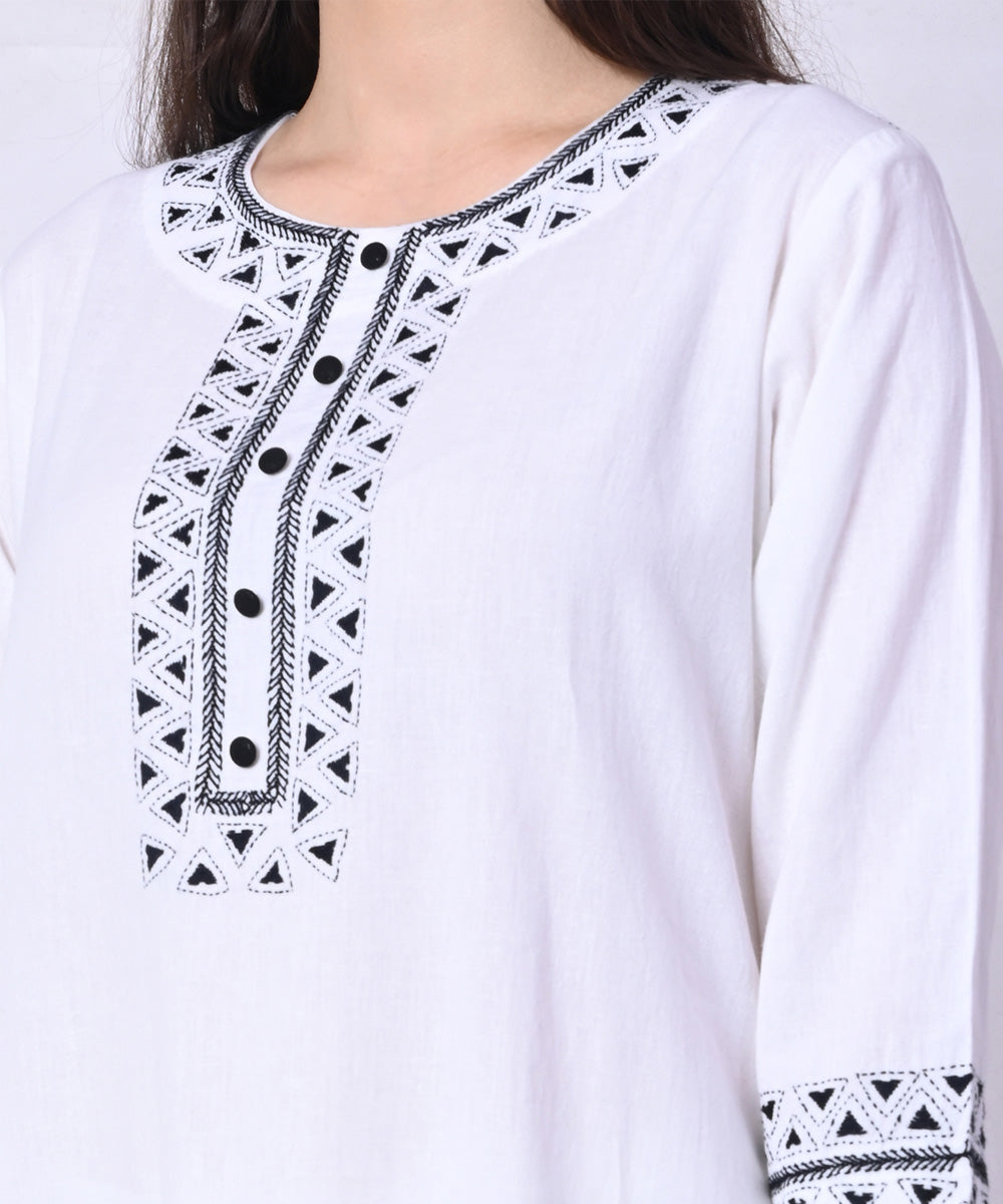 White charcoal hand embroidered cotton kurta set