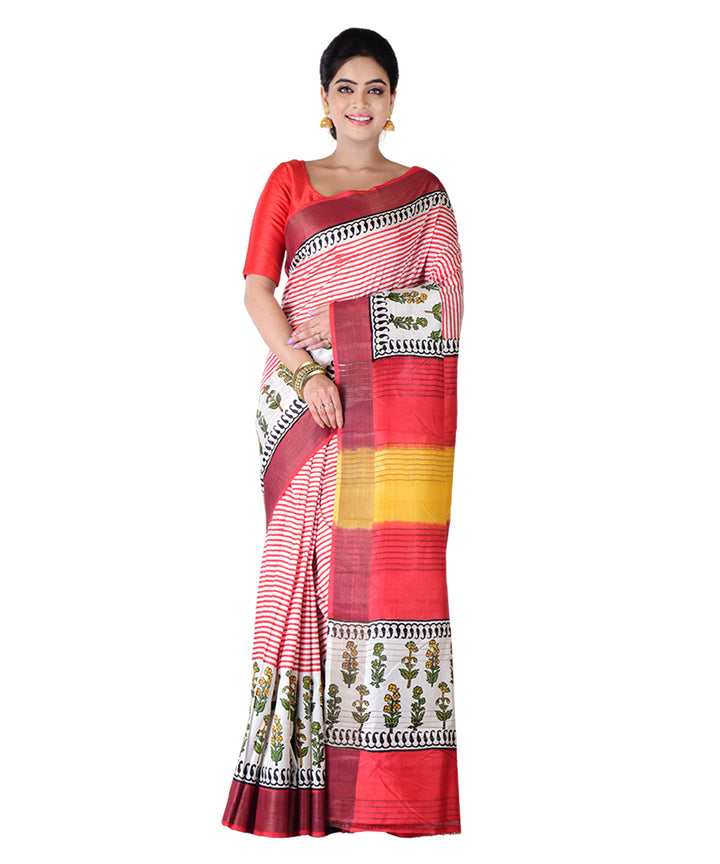 Red multicolor hand printed silk saree
