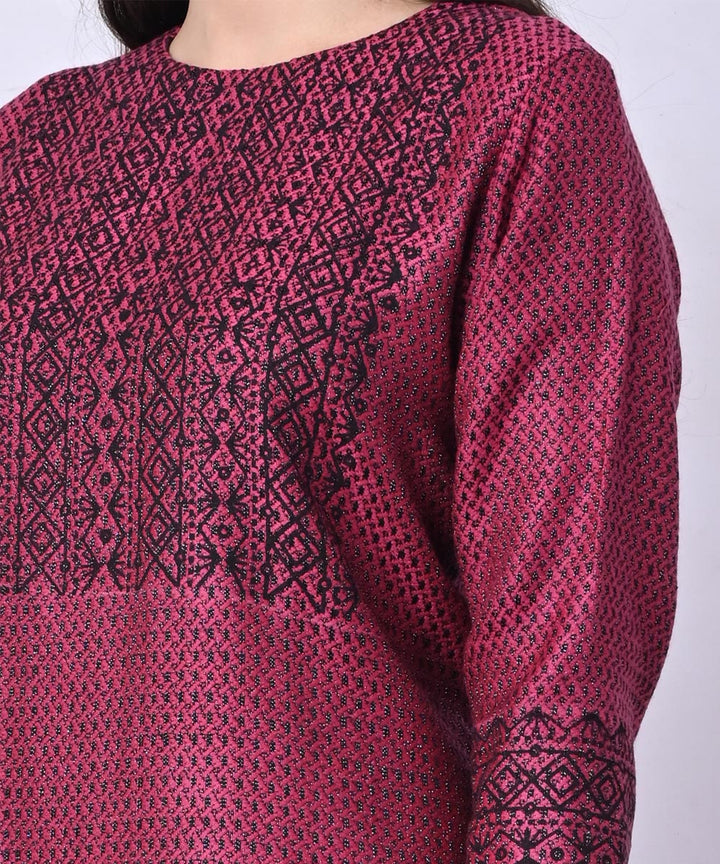 Purple woolen hand block printed kurta set