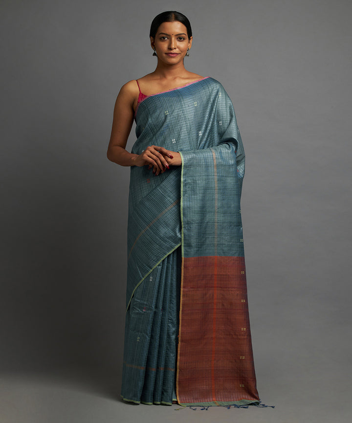 Sassy teal tussar silk hand woven chhattisgarh kosa saree