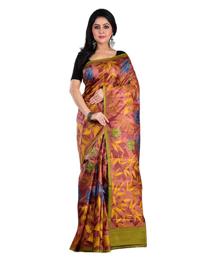 Multicolor hand printed silk saree