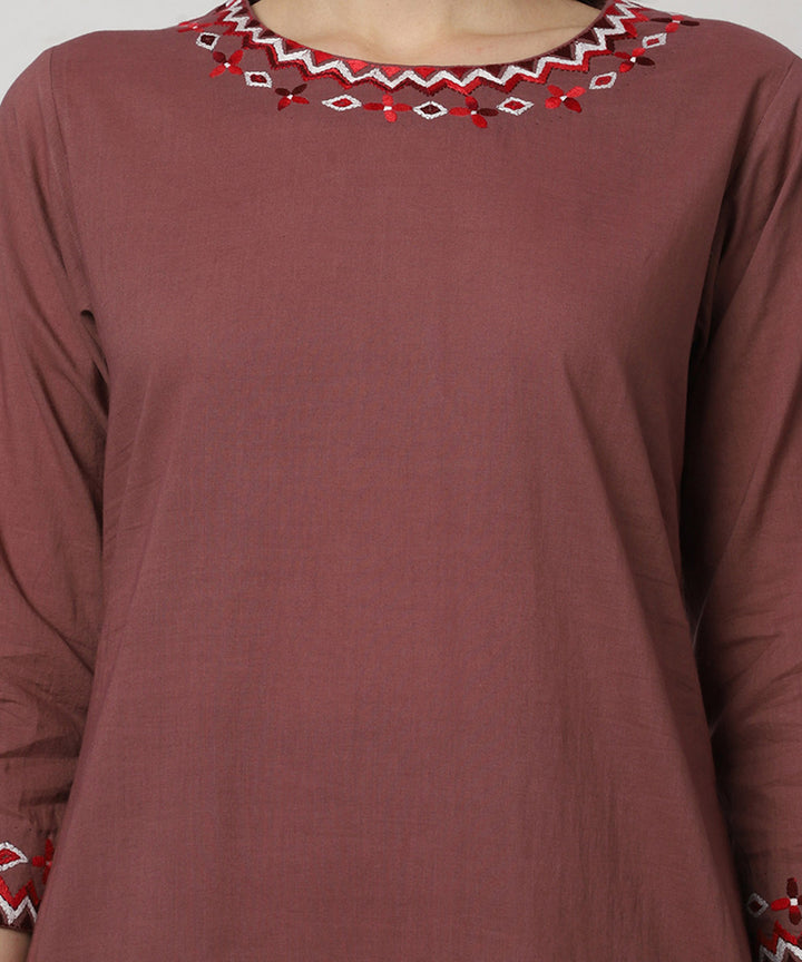 Brown hand embroidered cotton kurta set