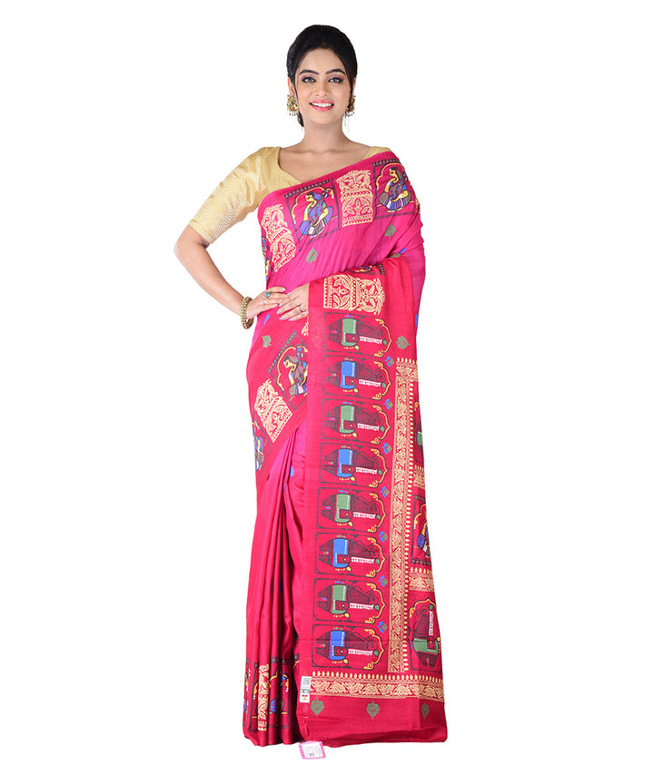 Red blue hand printed tussar silk saree