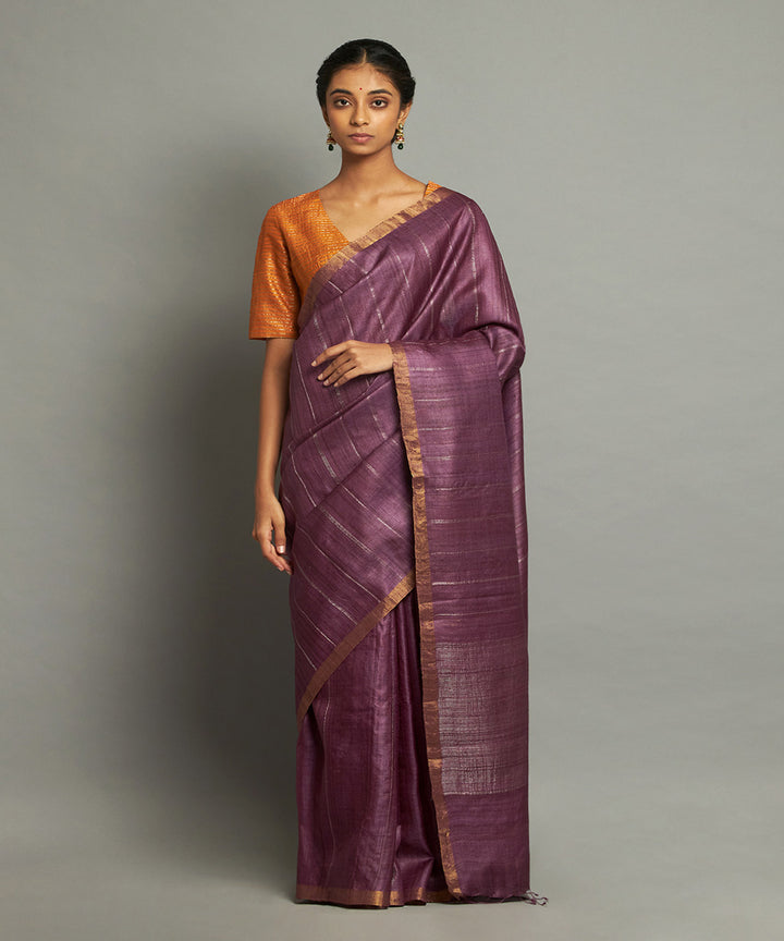 Deep purple tussar silk hand woven chhattisgarh kosa saree