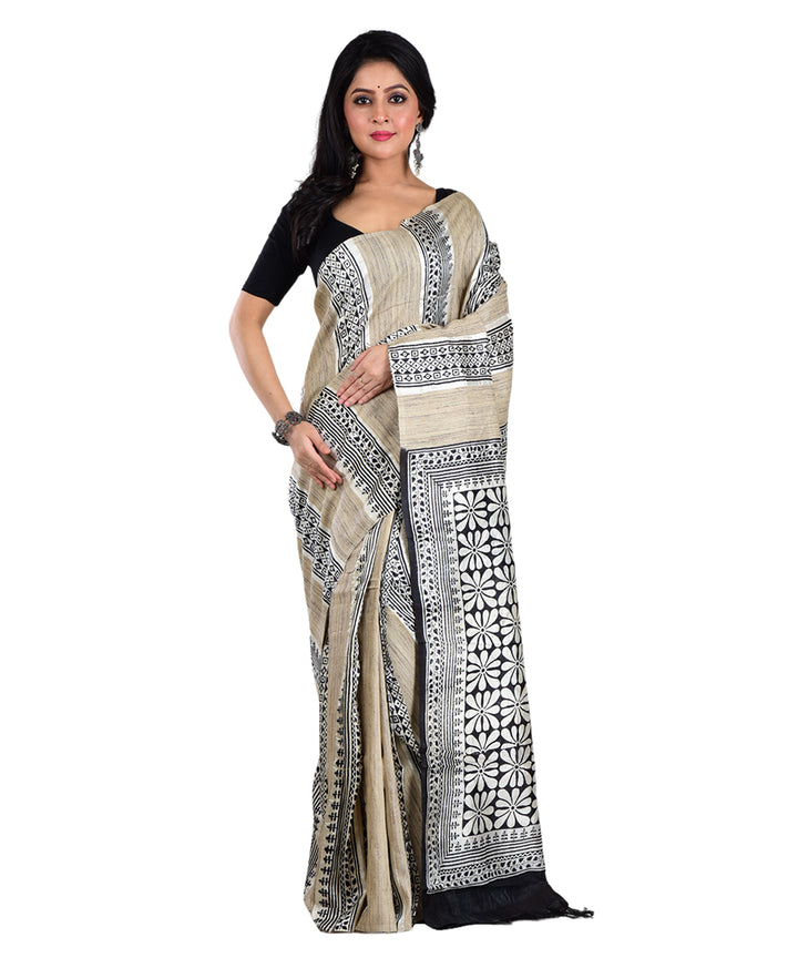 Black white hand printed silk saree