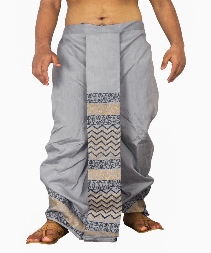 Grey hand block printed art silk dhoti