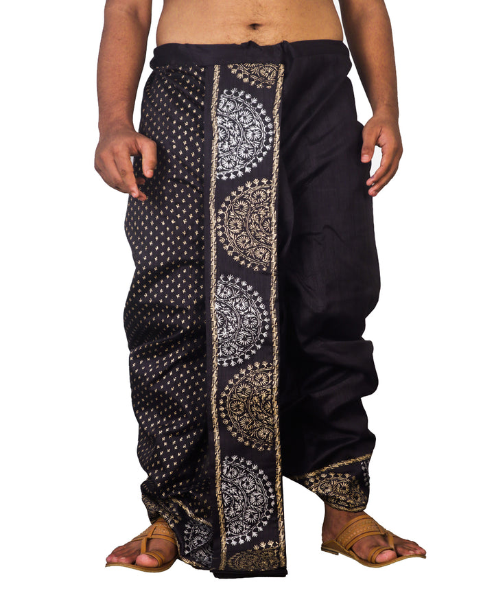 Black art silk hand block printed dhoti