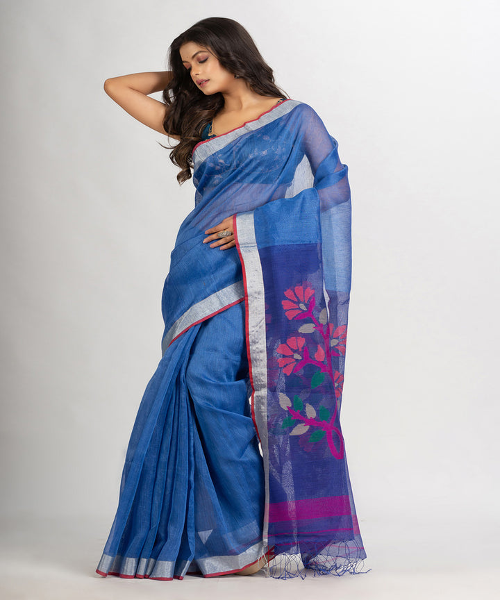 Blue pink handloom bengal linen saree