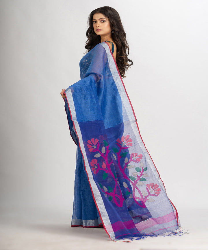 Blue pink handloom bengal linen saree