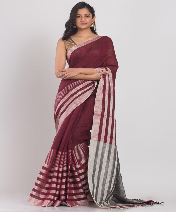 Maroon handloom bengal linen saree