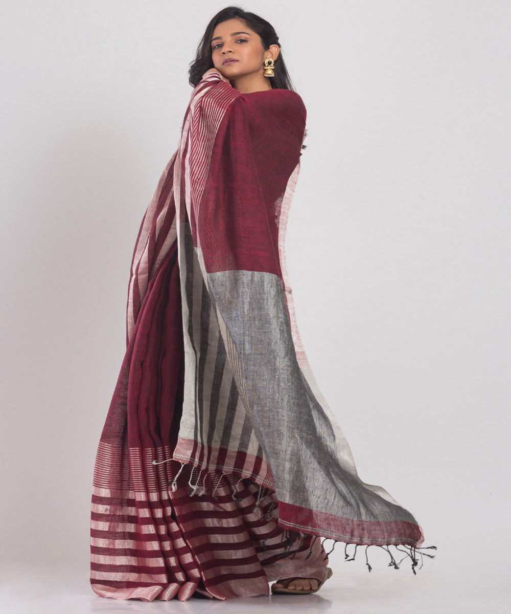 Maroon handloom bengal linen saree