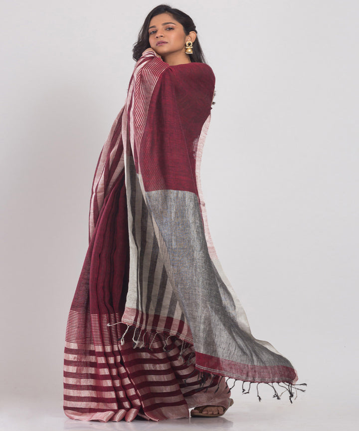 Maroon handloom bengal linen saree