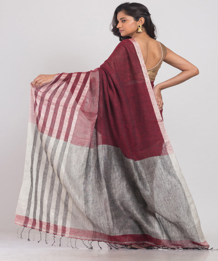 Maroon handloom bengal linen saree