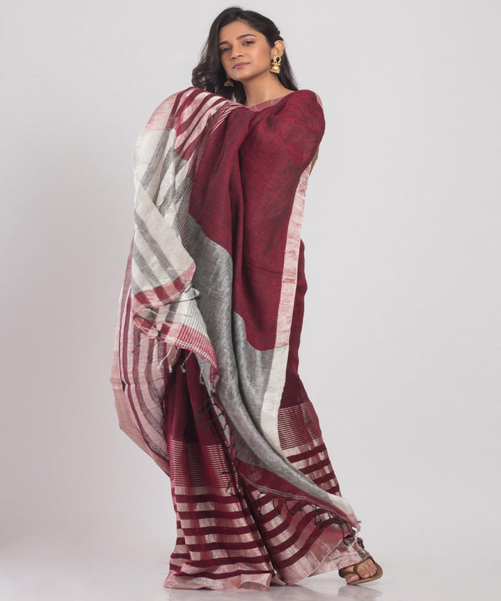 Maroon handloom bengal linen saree