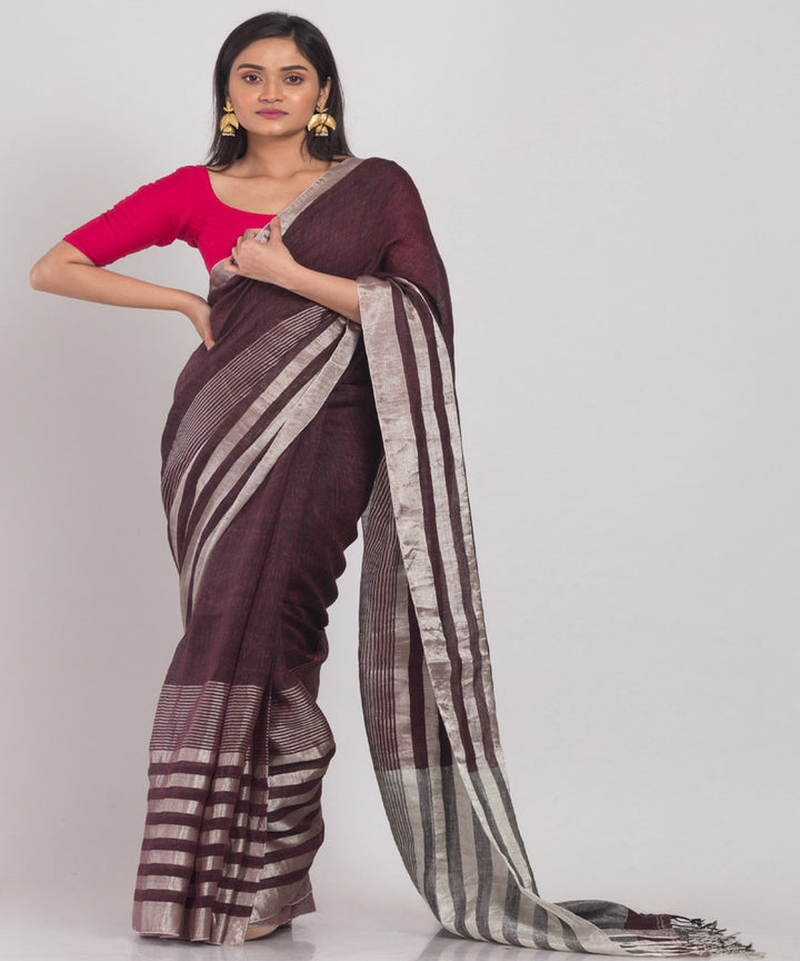 Brown striped handloom bengal linen saree