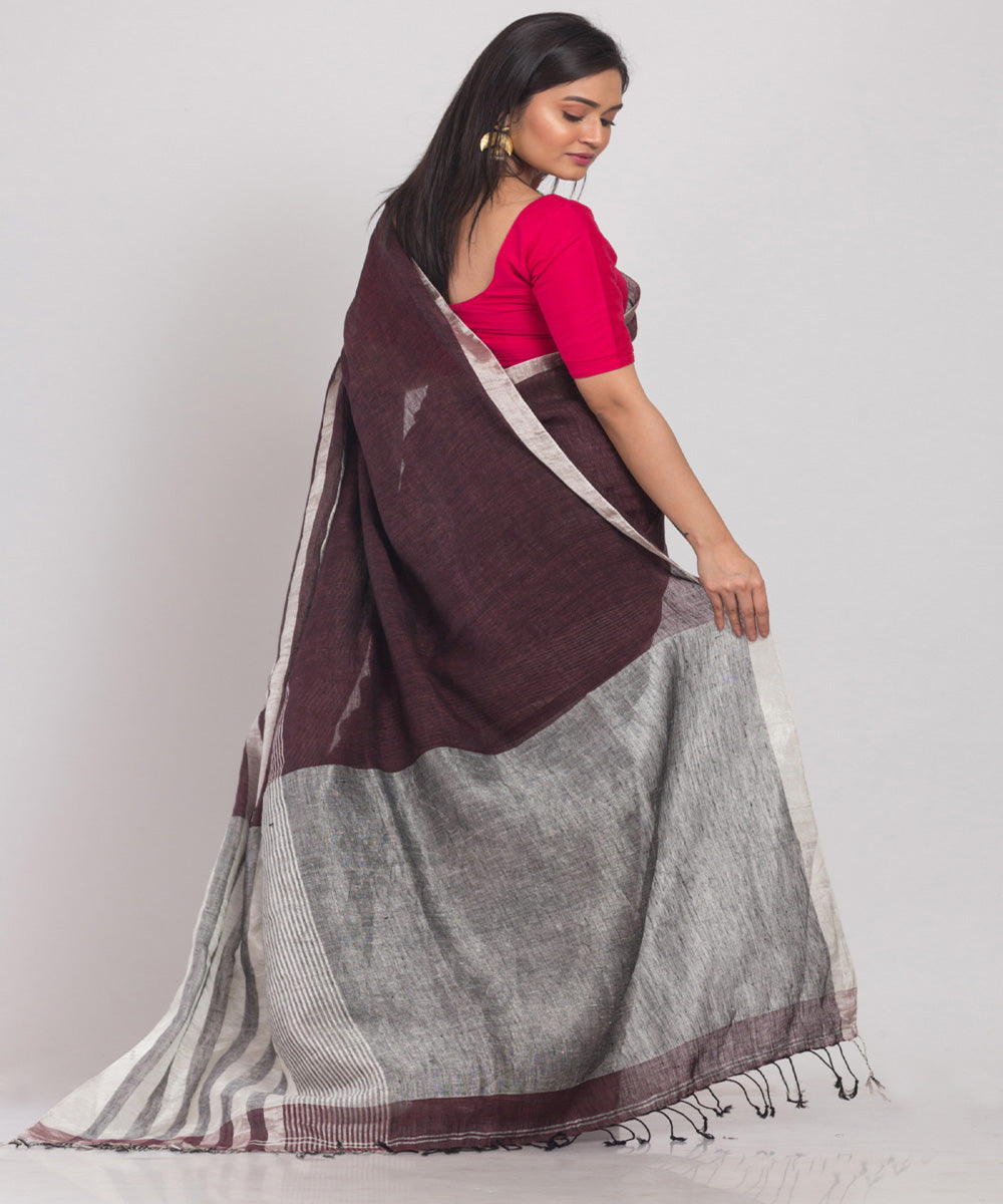 Brown striped handloom bengal linen saree