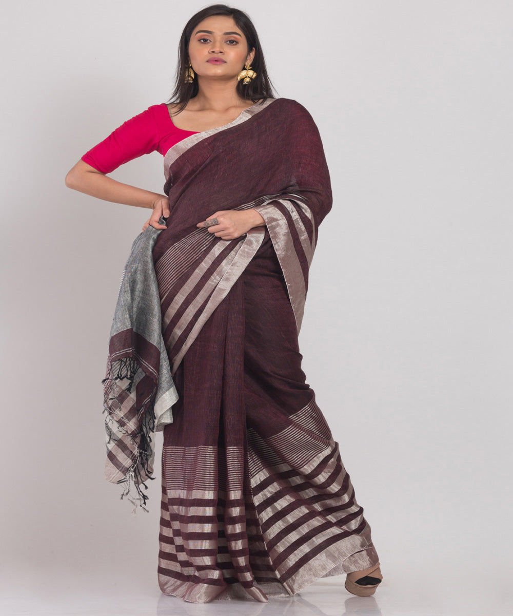Brown striped handloom bengal linen saree
