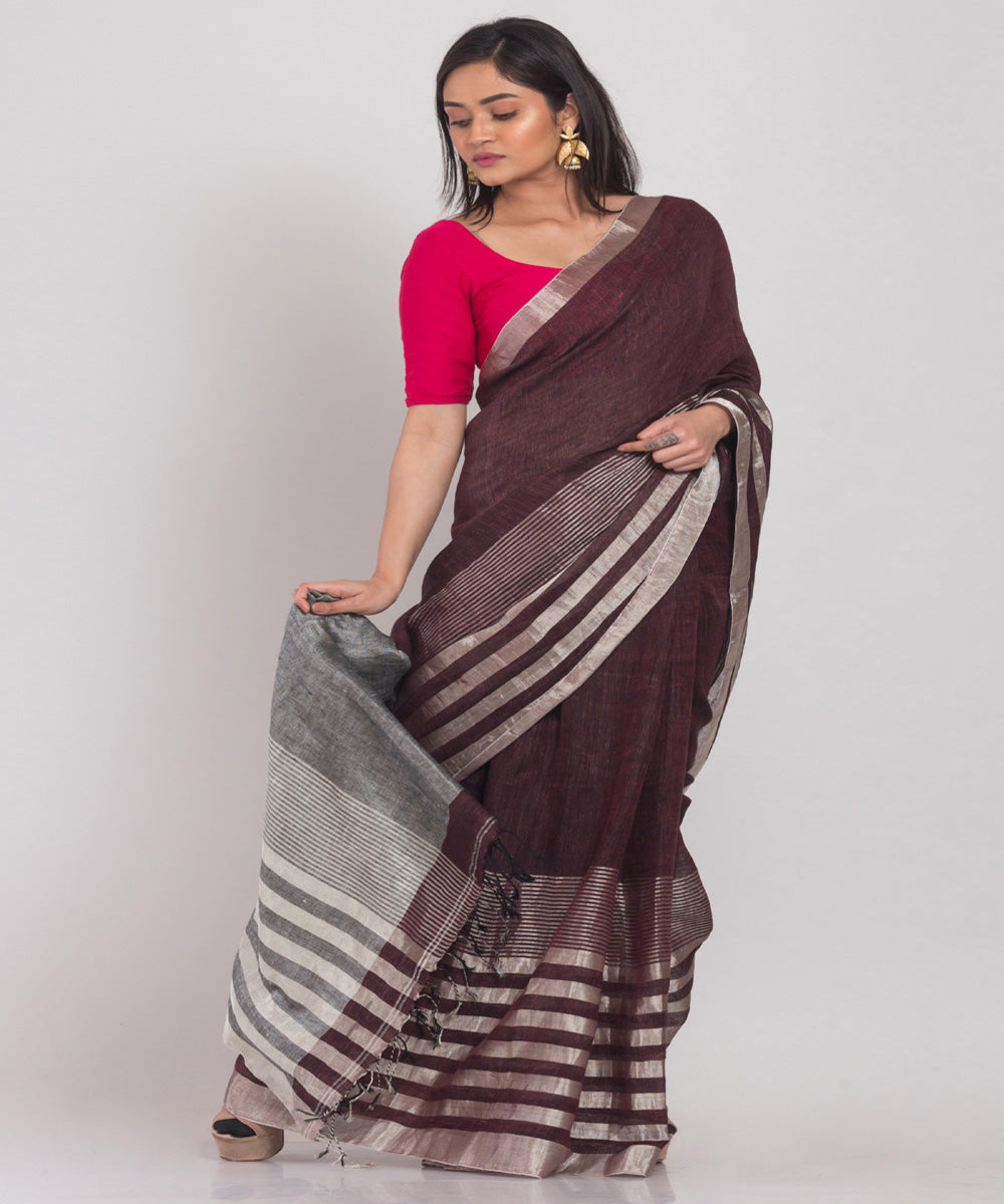 Brown striped handloom bengal linen saree