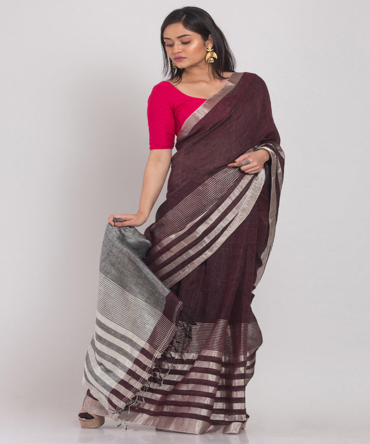 Brown striped handloom bengal linen saree