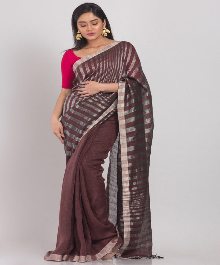 Brown handloom bengal linen saree