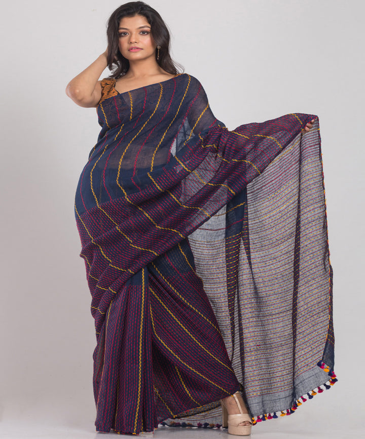 Navy red handloom bengal linen saree