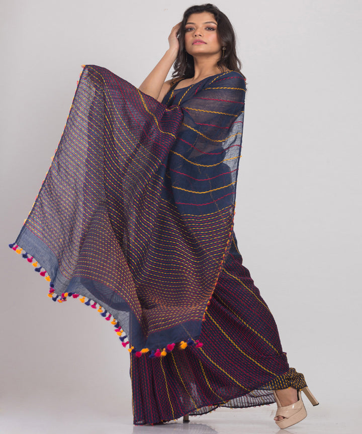 Navy red handloom bengal linen saree