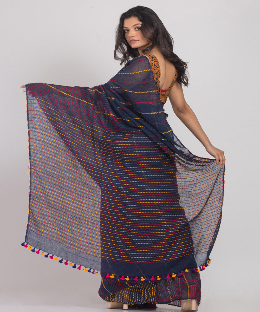 Navy red handloom bengal linen saree
