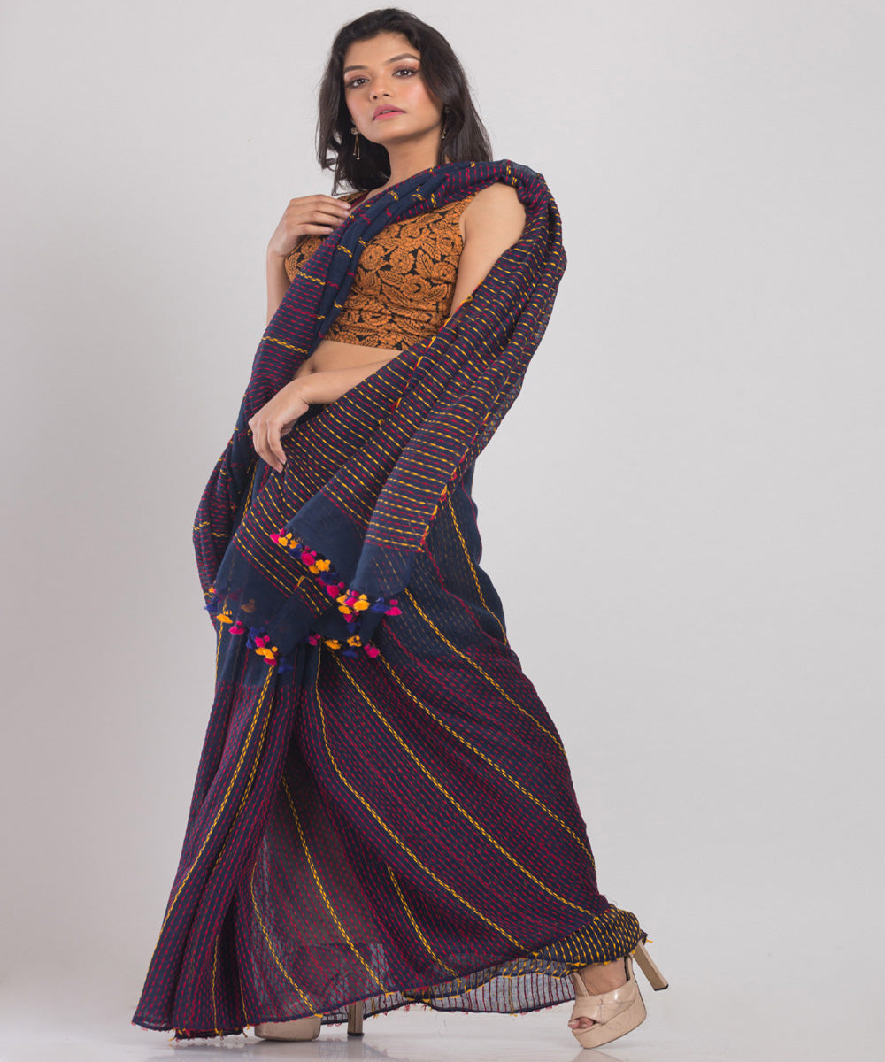 Navy red handloom bengal linen saree