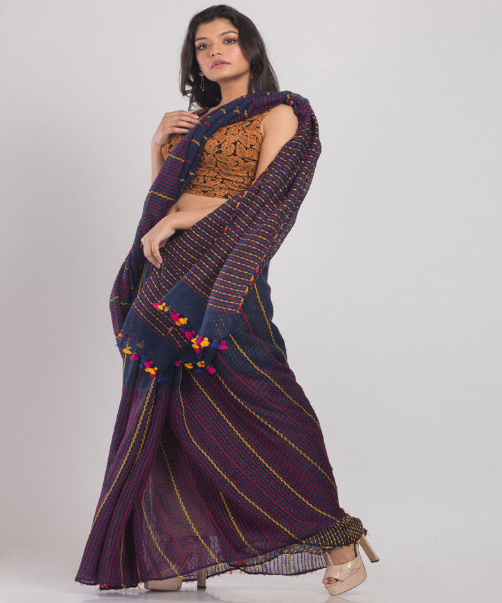 Navy red handloom bengal linen saree