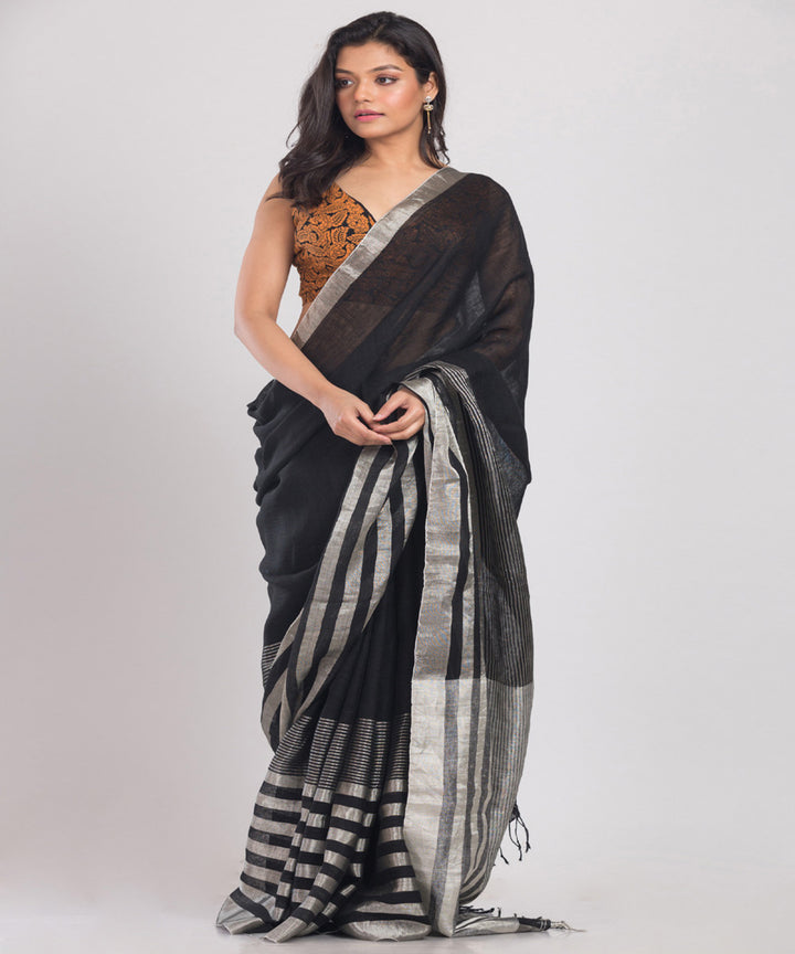 Black offwhite handloom bengal linen saree