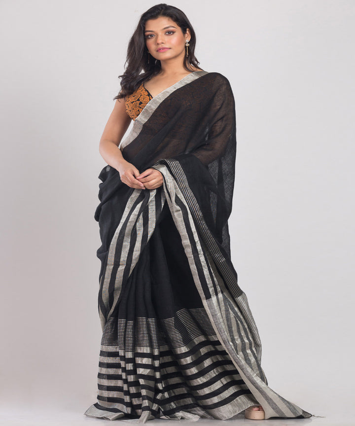 Black offwhite handloom bengal linen saree