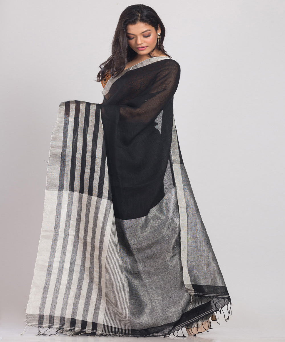 Black offwhite handloom bengal linen saree