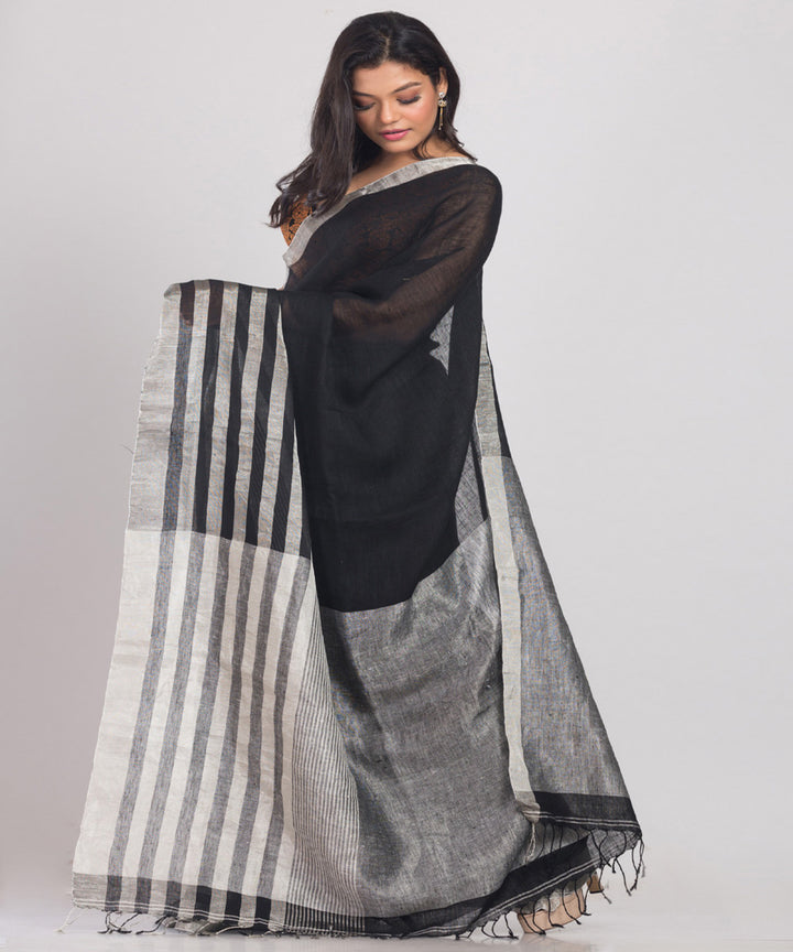 Black offwhite handloom bengal linen saree