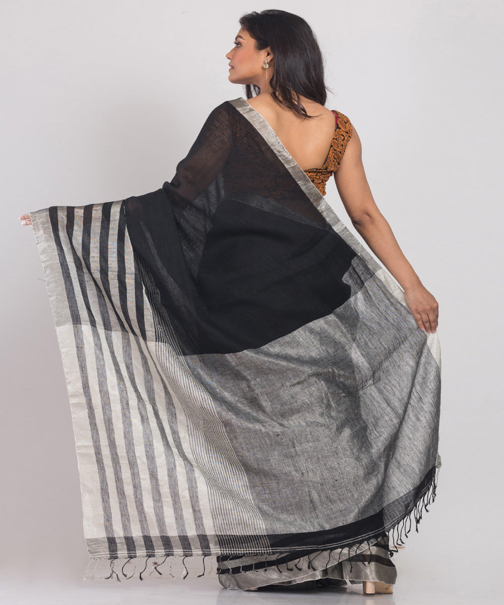 Black offwhite handloom bengal linen saree