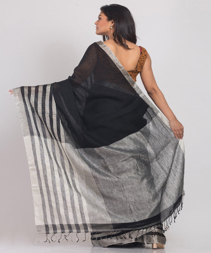 Black offwhite handloom bengal linen saree