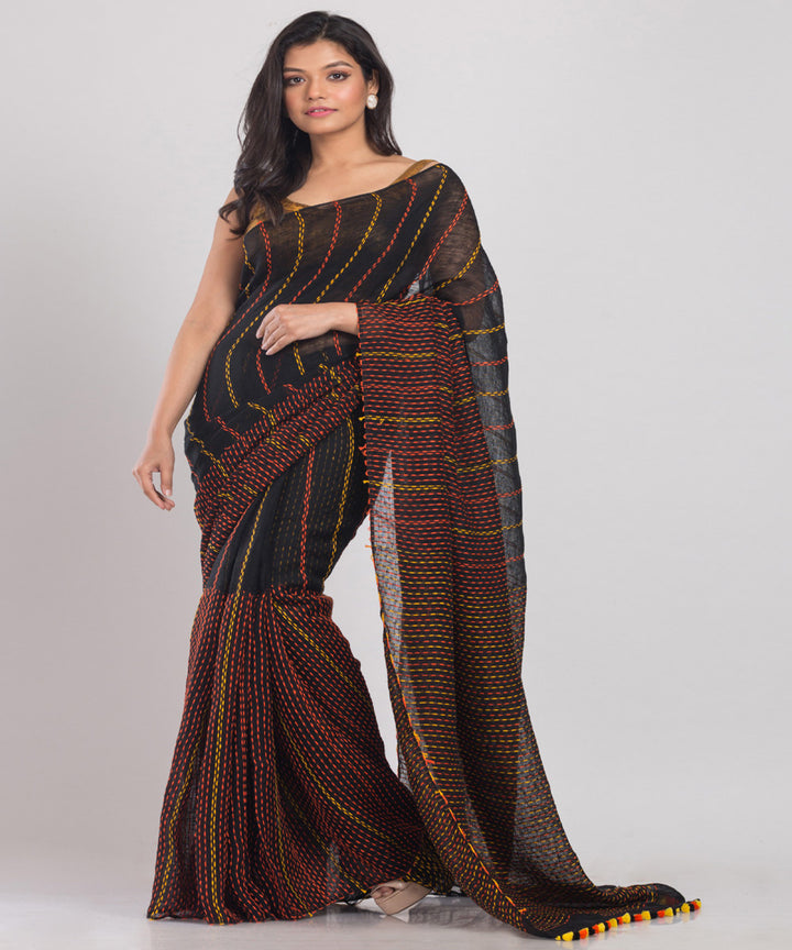 Black multicolor handloom bengal linen saree