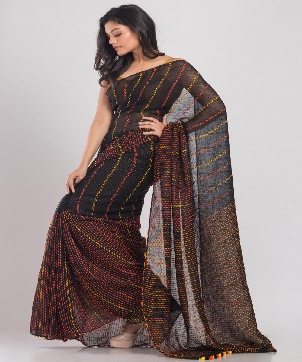 Black multicolor handloom bengal linen saree