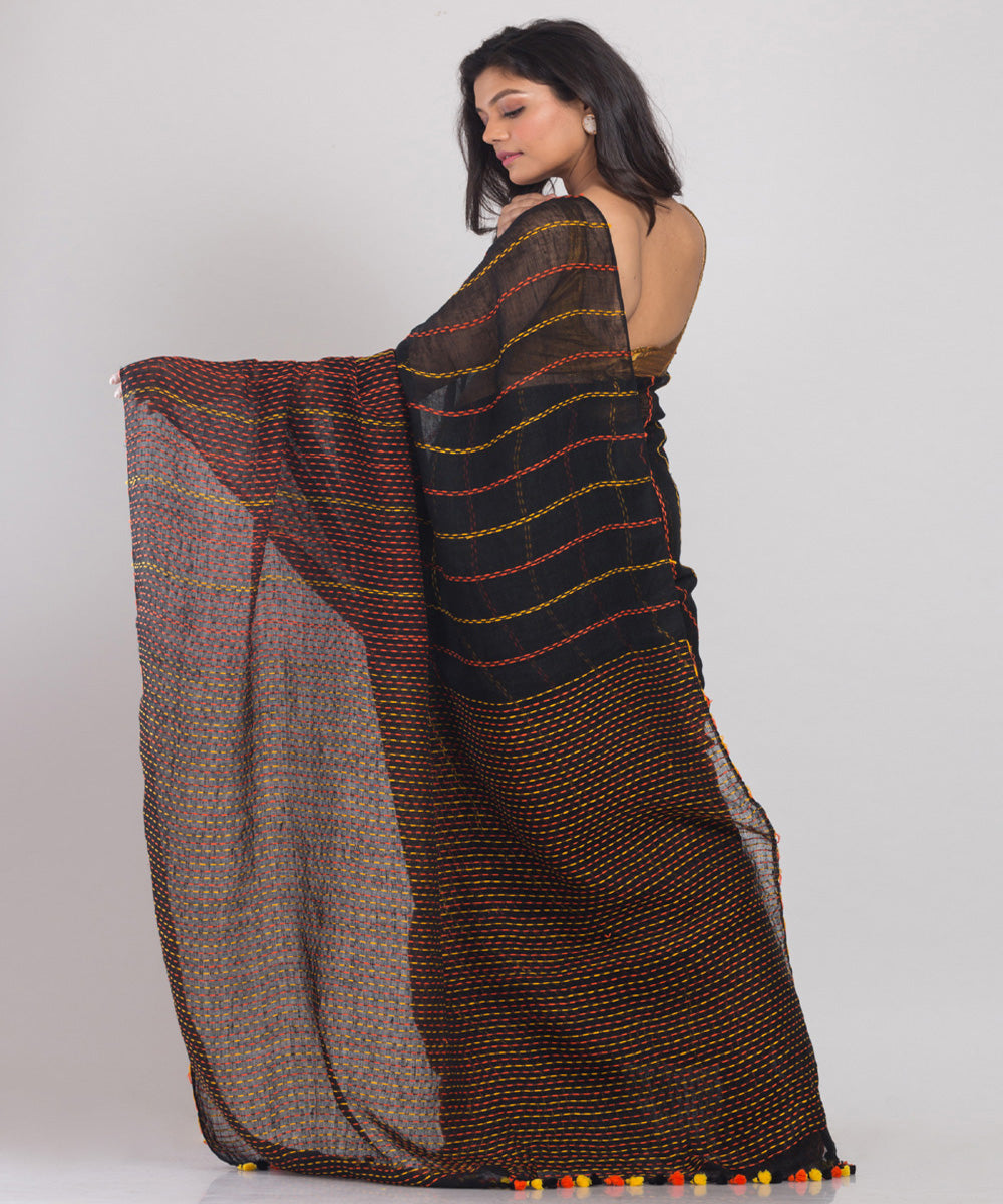 Black multicolor handloom bengal linen saree