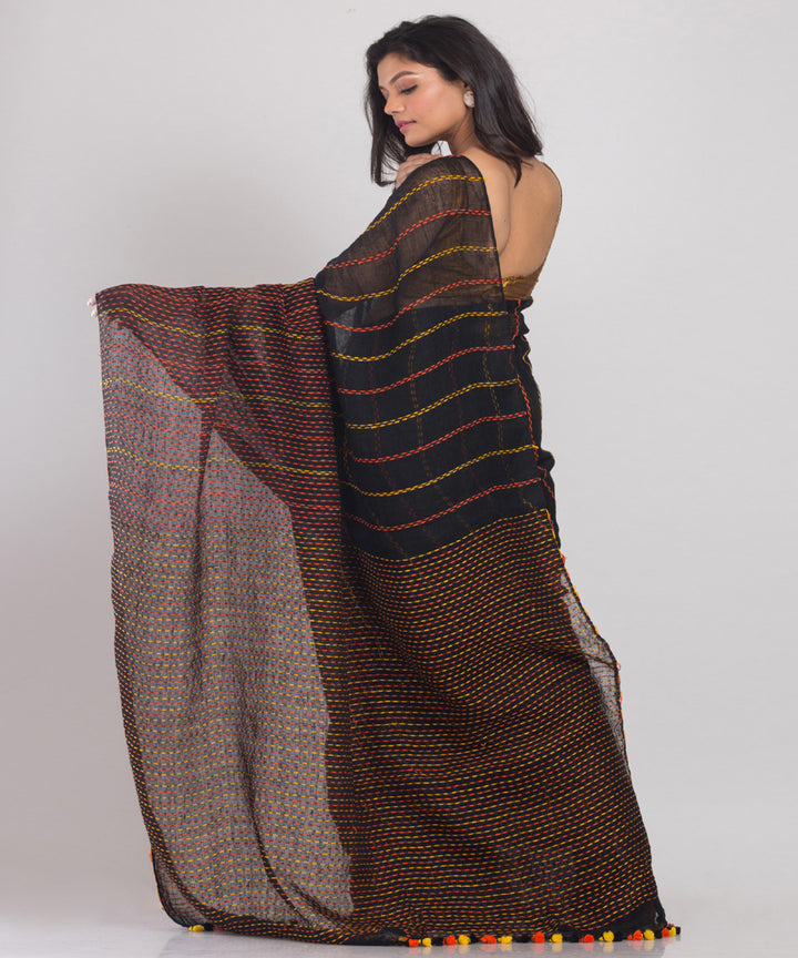 Black multicolor handloom bengal linen saree