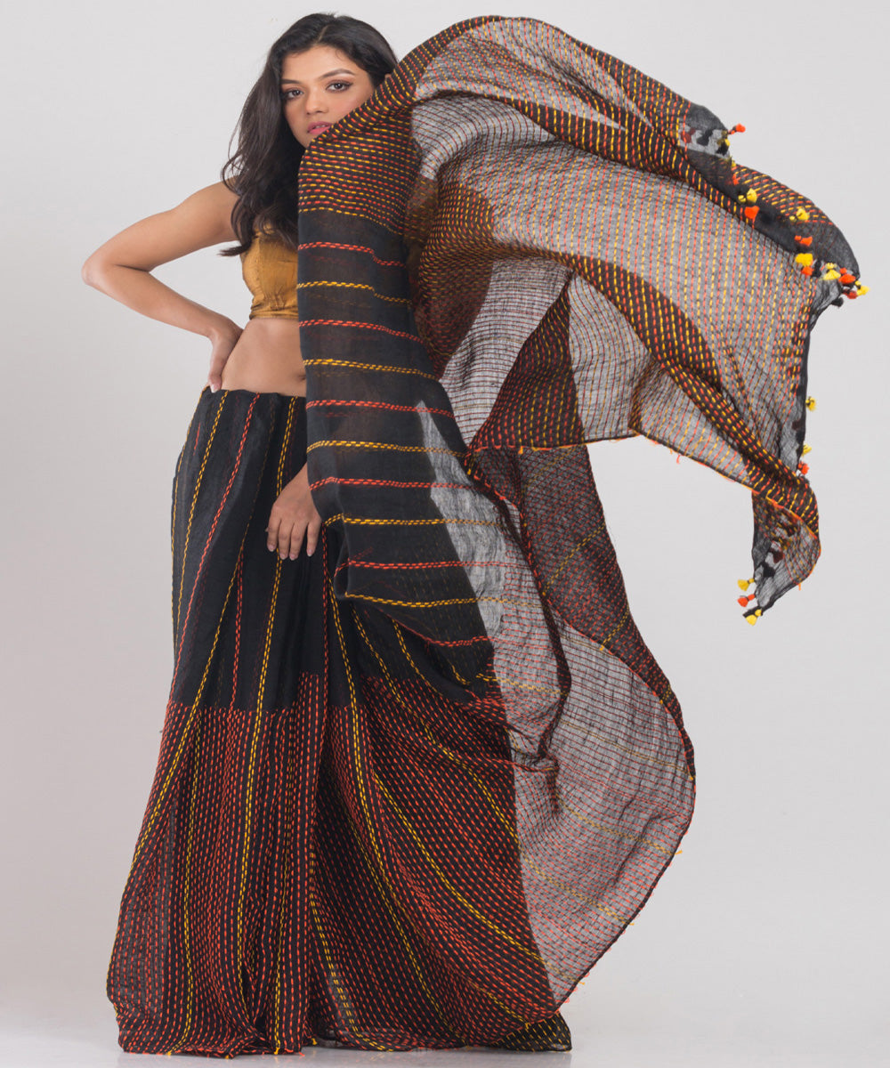 Black multicolor handloom bengal linen saree
