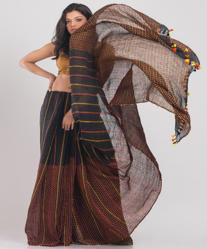 Black multicolor handloom bengal linen saree