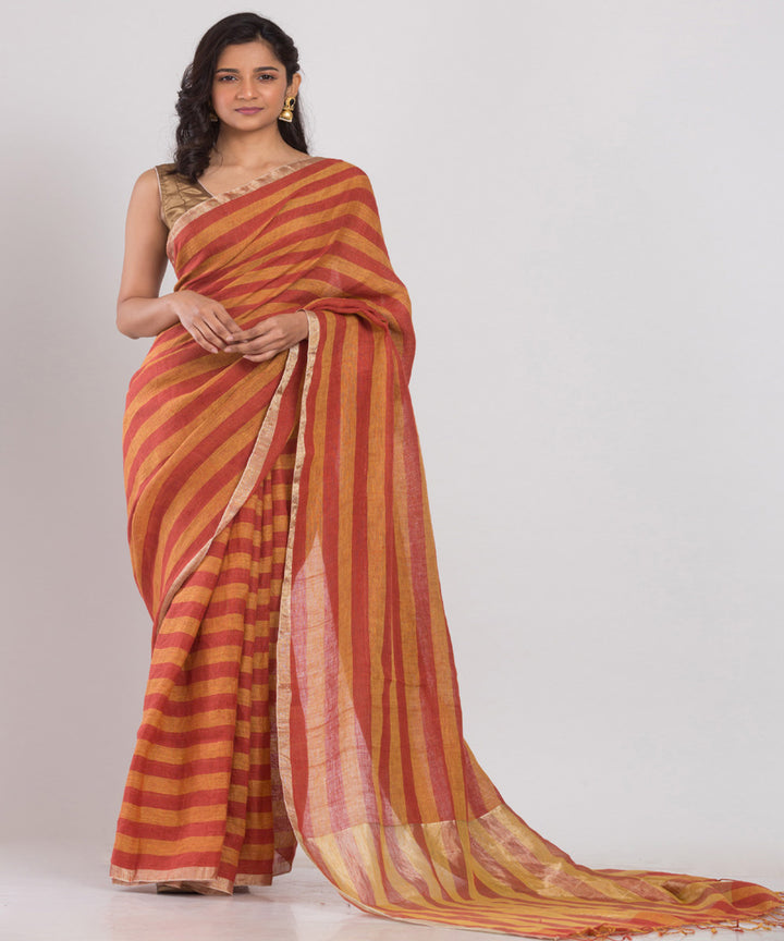 Orange red handloom bengal linen saree