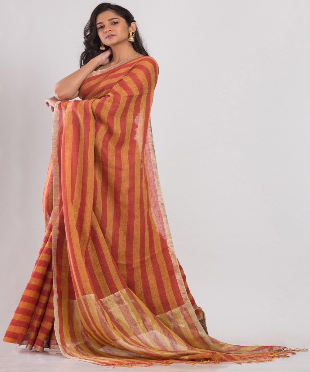 Orange red handloom bengal linen saree
