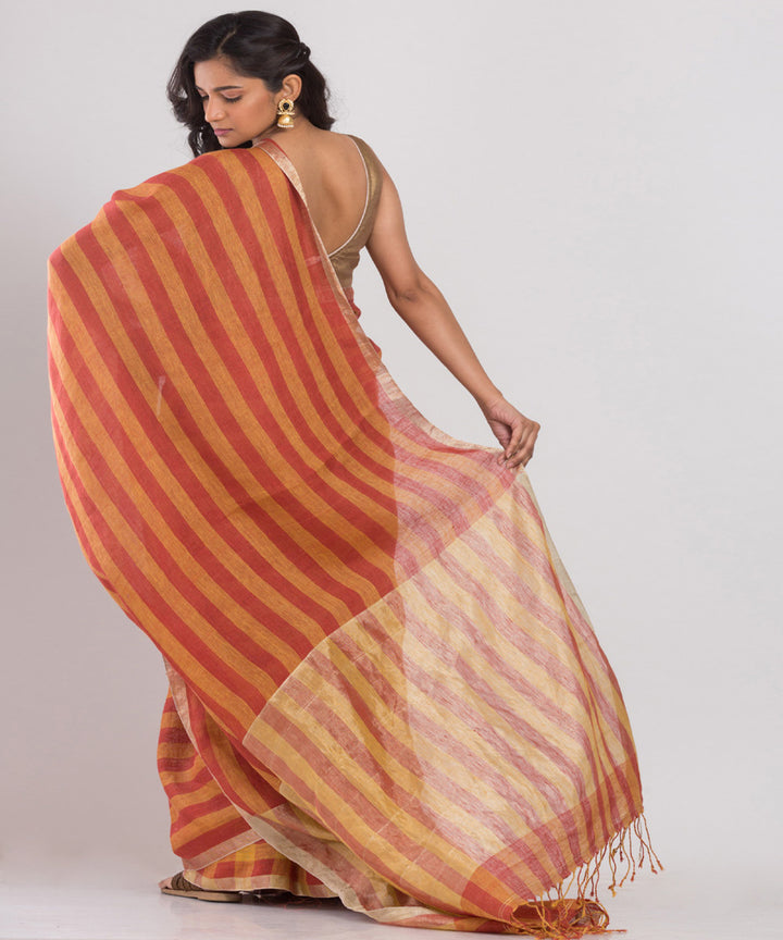 Orange red handloom bengal linen saree