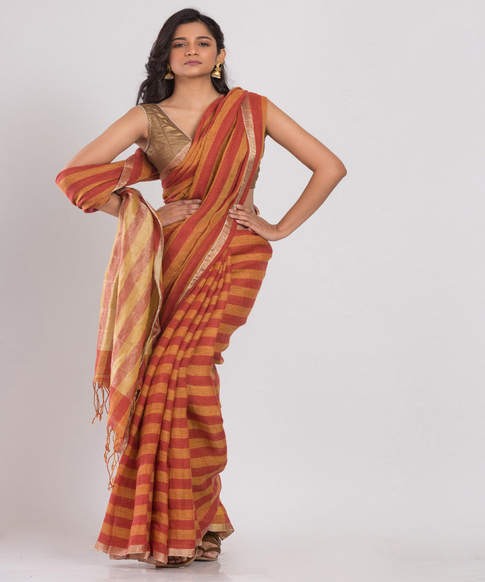 Orange red handloom bengal linen saree